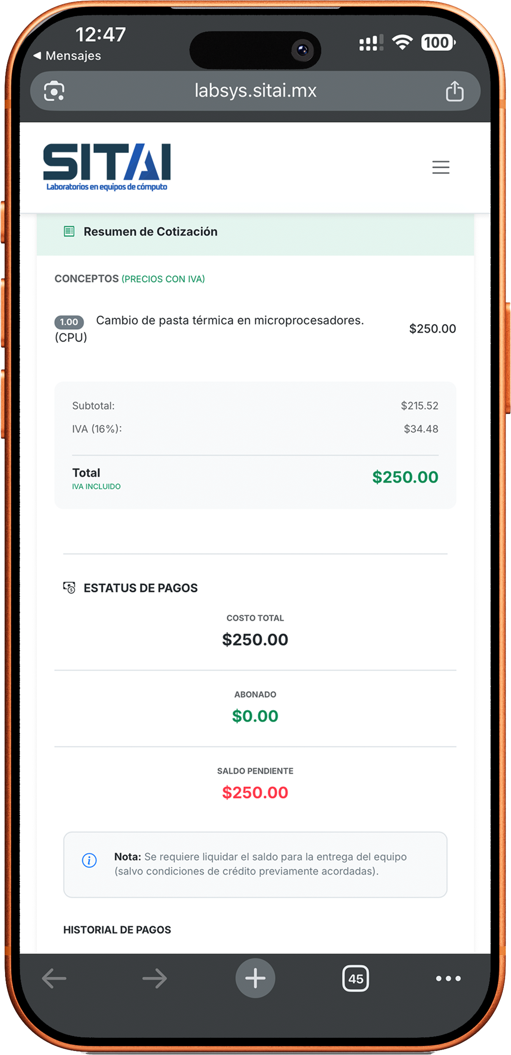 iPhone mostrando cotización